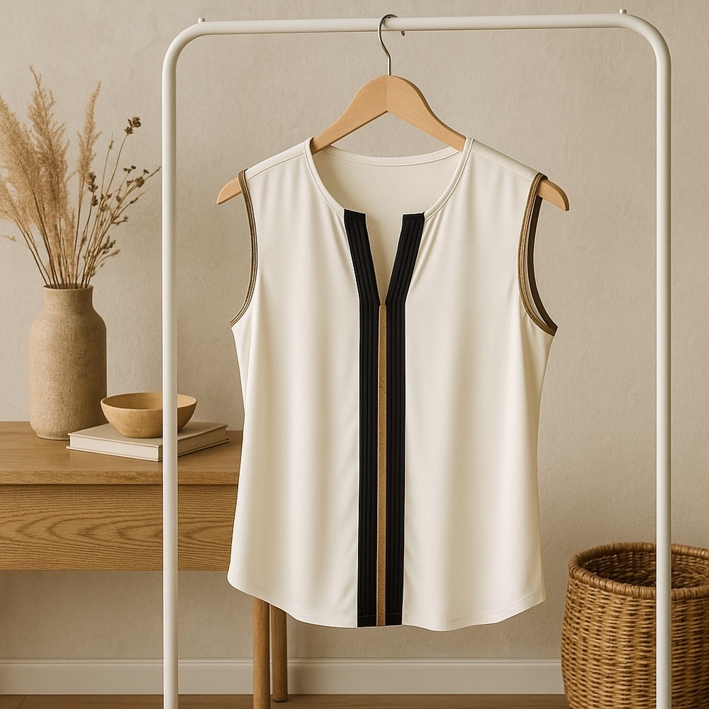 Calvin Klein Draped Cream Tank with Black & Bronze Trim NWOT Size Small